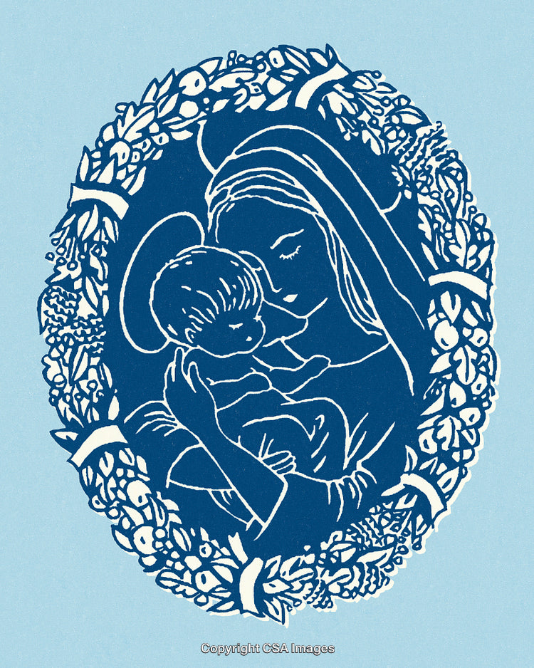 Illustration of Mother and Child in an Ornate Frame on Blue Background