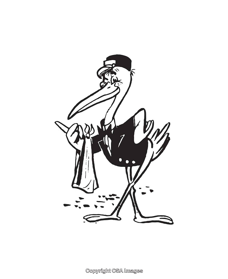 Whimsical Black and White Line Art of Stork Delivering a Bundle