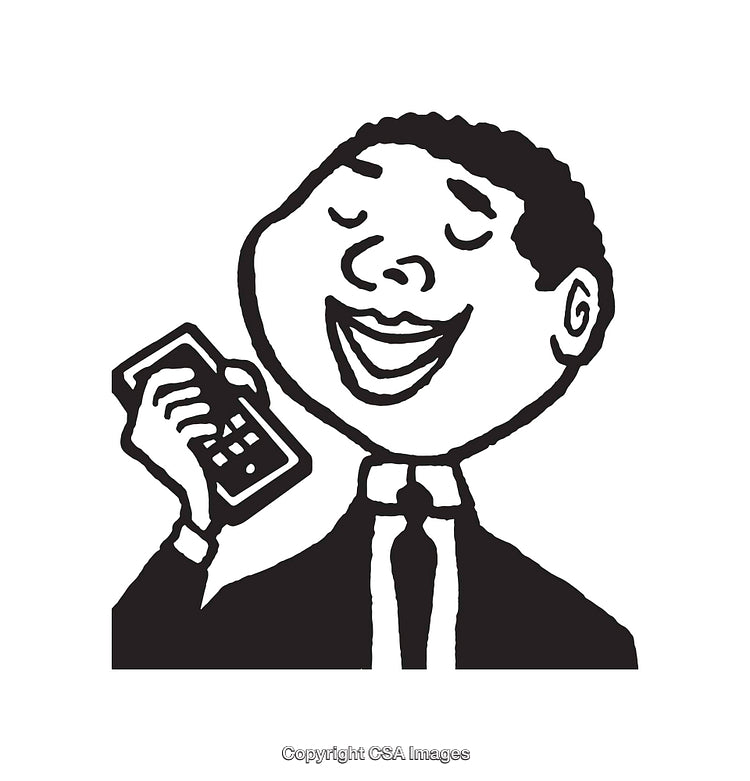Black and White Illustration of a Person Smiling Using a Mobile Phone