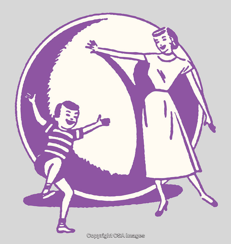 Retro Styled Illustration of a Woman and Boy with Large Circle
