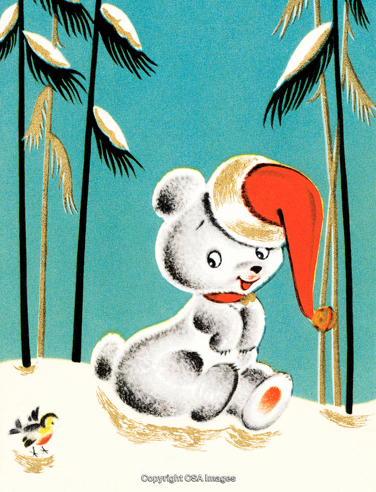 Illustration of a Bear with Santa Hat in a Snowy Forest Scene