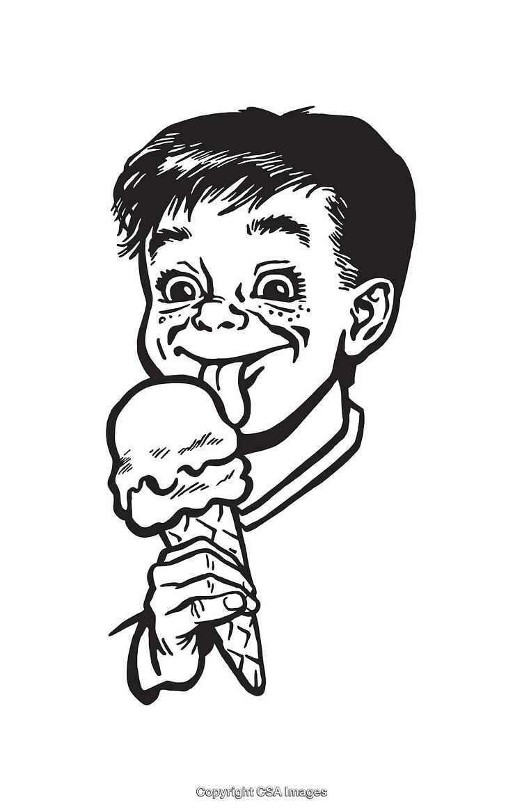 Black and White Line Art Illustration of a Boy Licking Ice Cream
