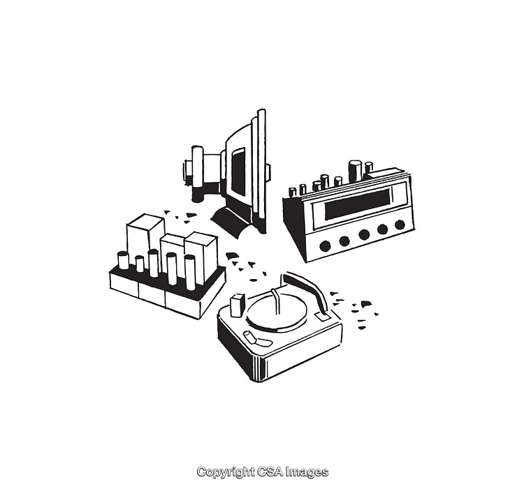 Black and White Line Art Depicting Audio Equipment Elements