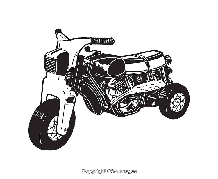 Retro-Style Black and White Illustration of Vintage Mini Motorcycle