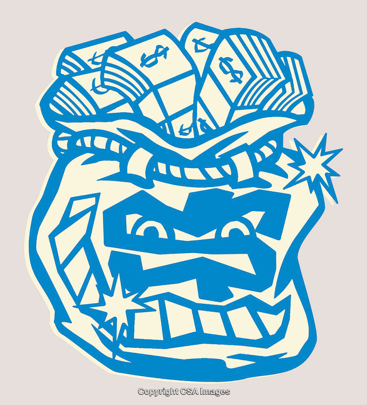 Stylized Blue Line Art Illustration of Money Bag Exploding with Cash