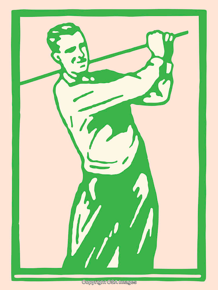 Vintage Style Green Line Art Illustration of Man Playing Golf