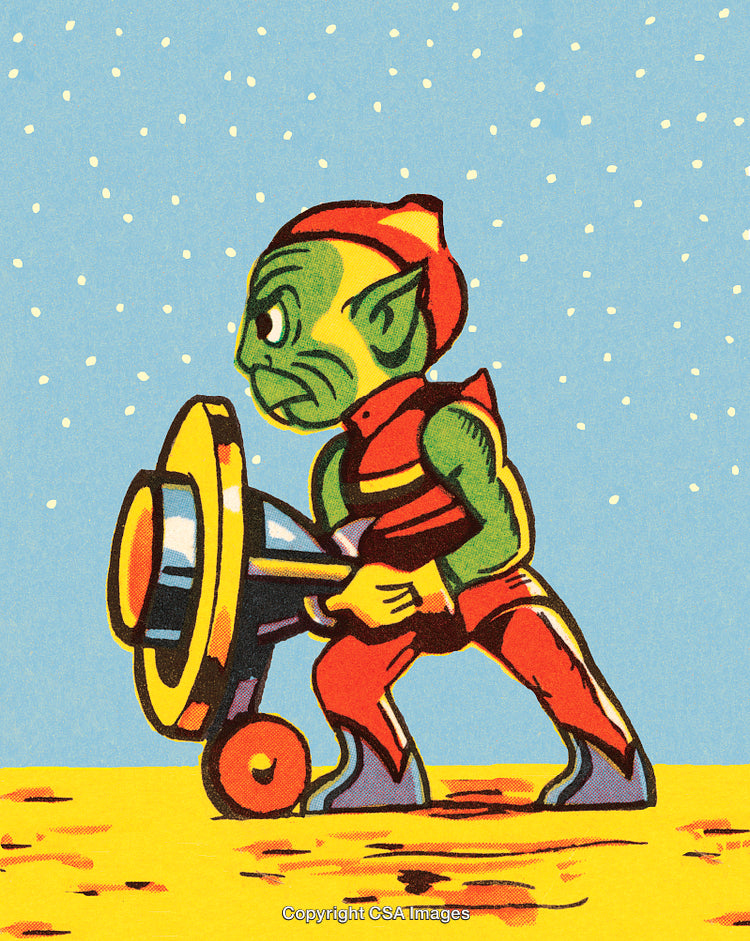 Retro Alien Holding Ray Gun on Colorful Outer Space Background