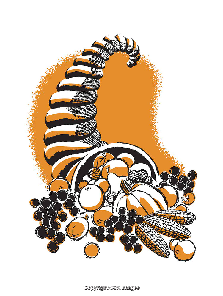 Harvest Cornucopia Illustration Featuring Fruits, Vegetables, and Autumn Colors
