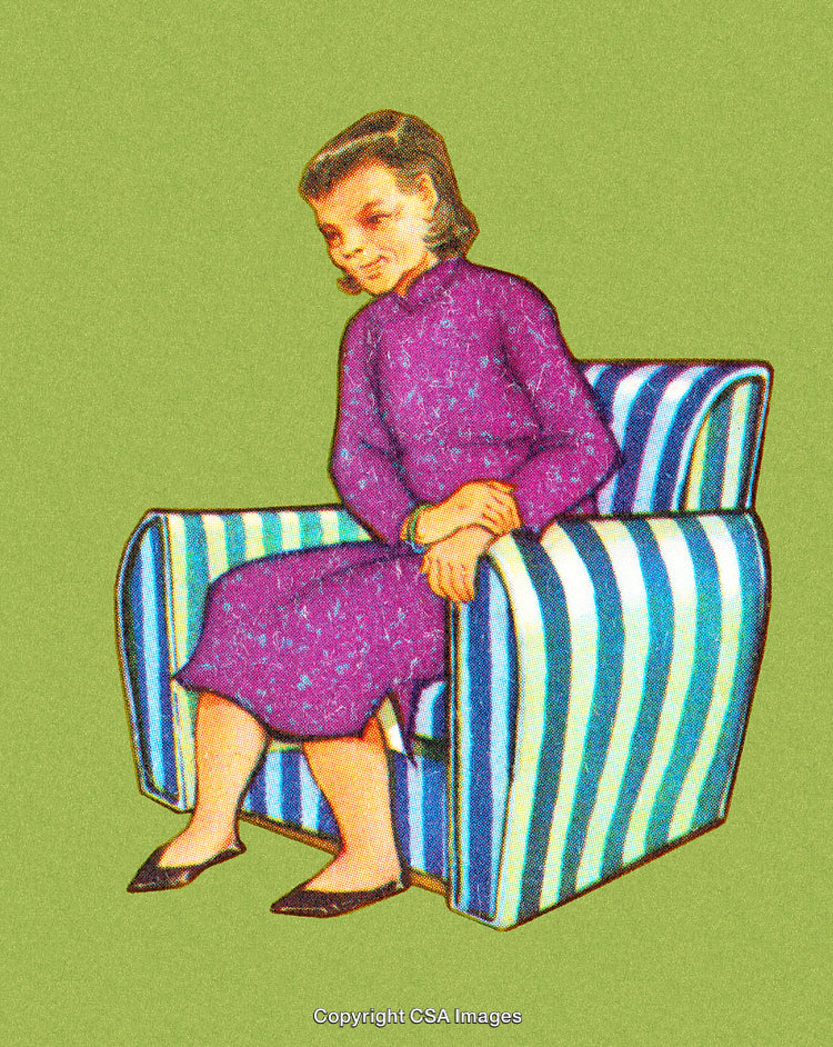 Retro Illustration of a Thoughtful Woman Sitting in a Striped Fabric Armchair