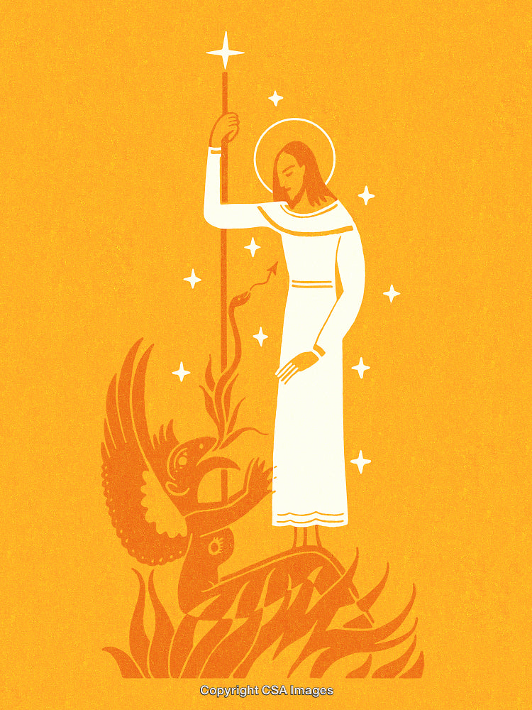 Religious Artwork Depicting Saint Overcoming Evil in a Golden Illustration