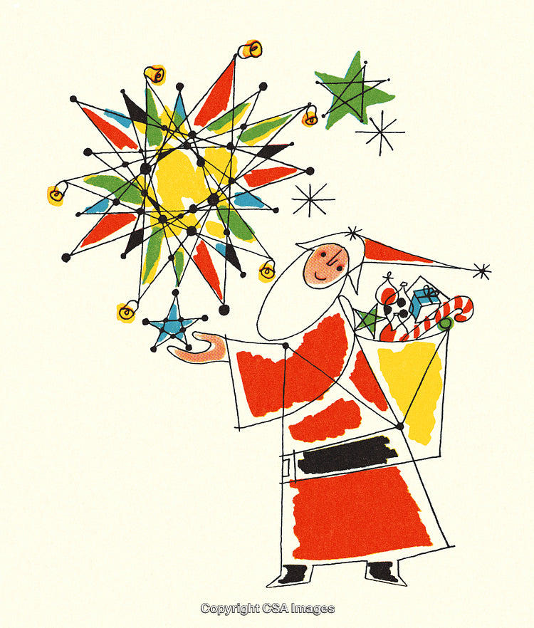 Colorful Abstract Santa Illustration with Holiday Decorations and Gifts
