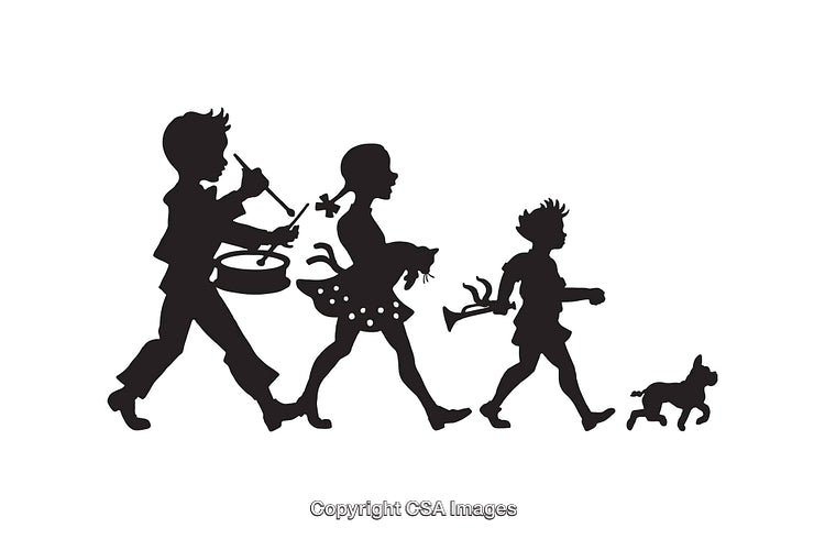 Silhouette of Children Marching With Toys in Black and White