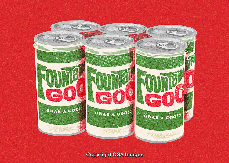 Retro Styled Beverage Cans with Bold Typography on a Vibrant Red Background