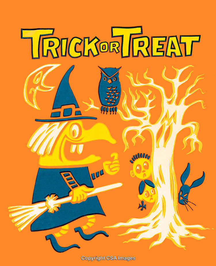 Colorful Halloween Illustration Featuring Witch, Owl, Tree, and Trick or Treat Text