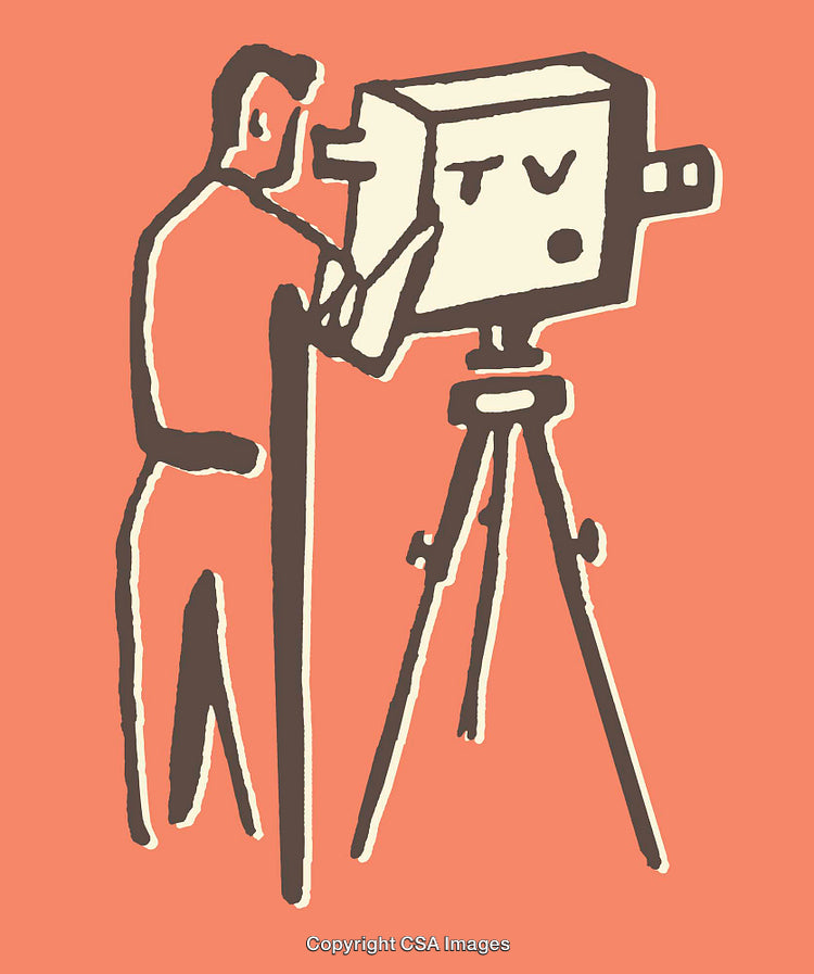 Vintage Illustration of Cameraman Operating a TV Camera on Tripod