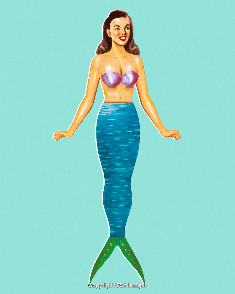 Vintage Artwork of a Mermaid on a Soft Aqua Background