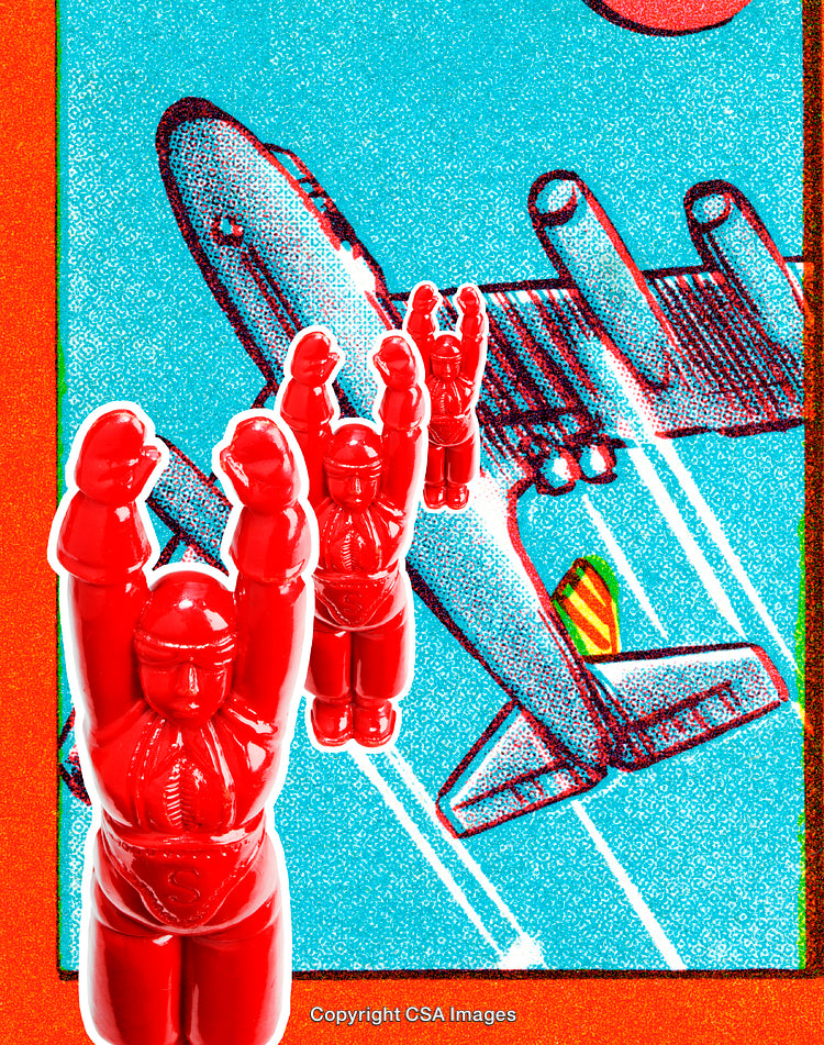 Vibrant Red Plastic Figures Flying with Airplane in Retro Comic Style