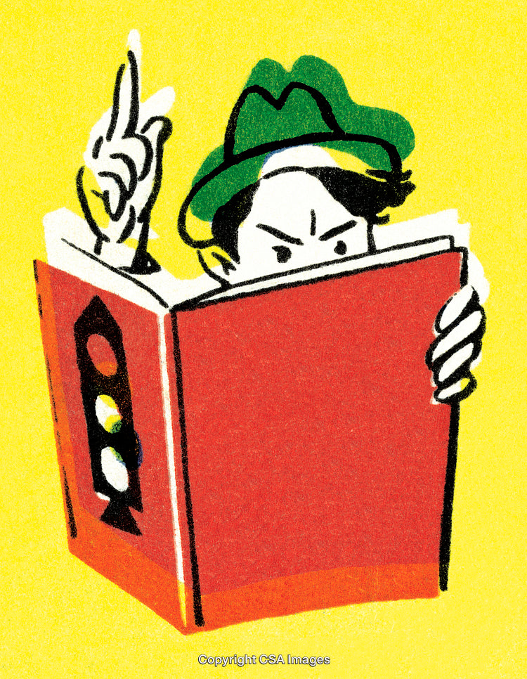 Illustrative Person Reading a Book with Focus and Gesturing Thoughtfully