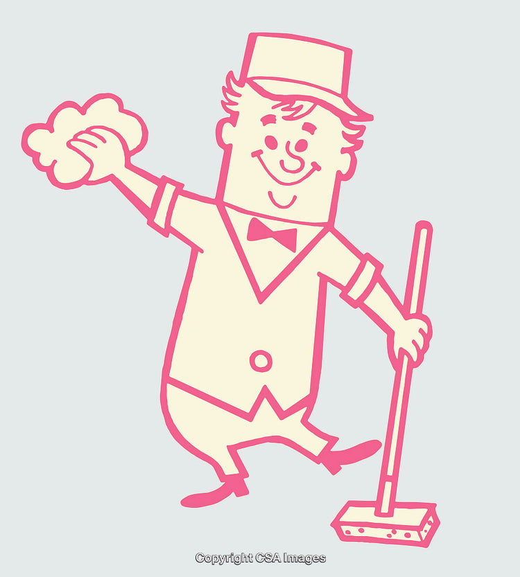 Retro Line Art Illustration of a Smiling Character in Cleaning Pose