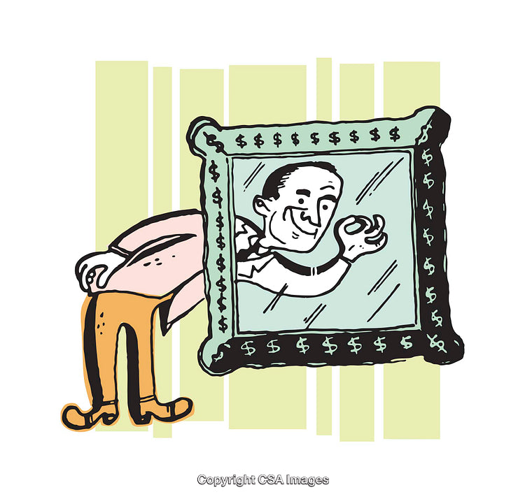 Cartoon Illustration of Man Peering and Reaching Through a Money Frame