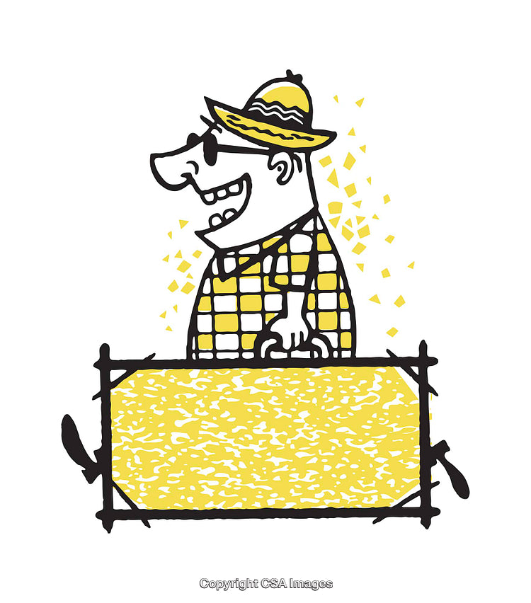 Cheerful Cartoon Character with Plaid Shirt and Hat Holding Yellow Sign
