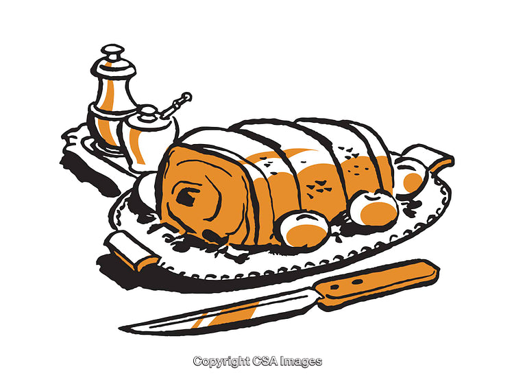 Illustrated Roasted Meat Platter with Seasoning and Knife on Display