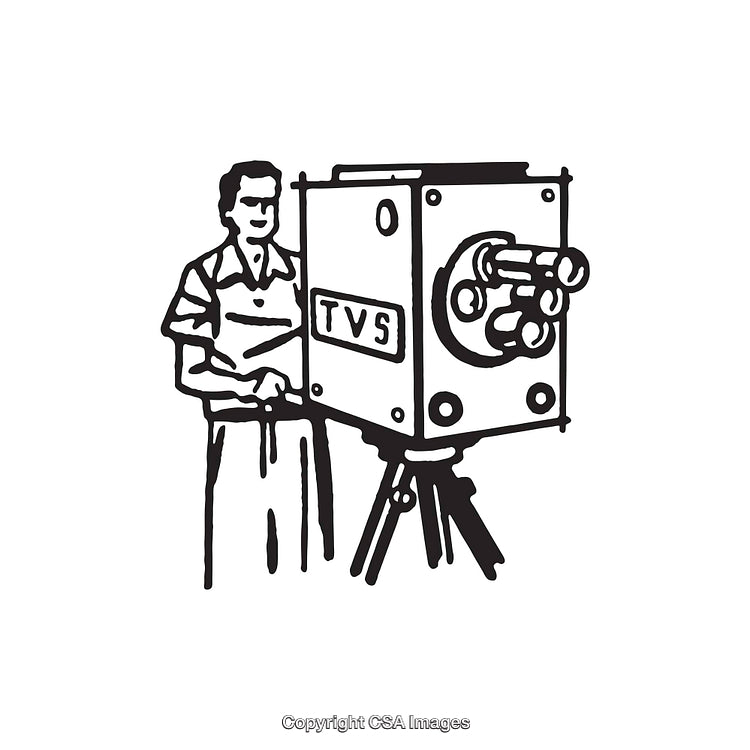 Vintage Black and White Illustration of a Cameraman with Old TV Camera