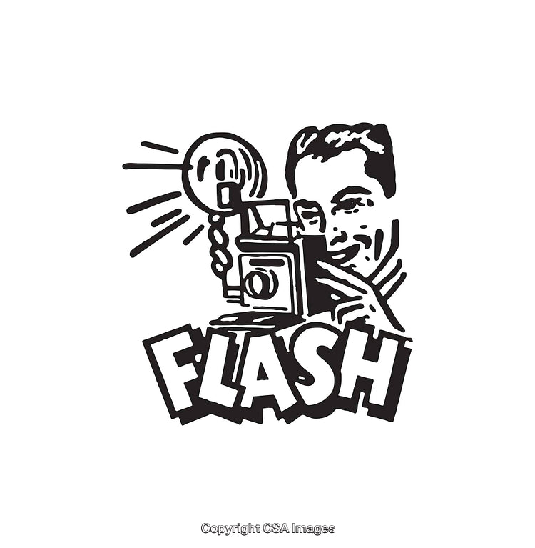 Retro Style Black and White Camera Illustration with Flash Effect