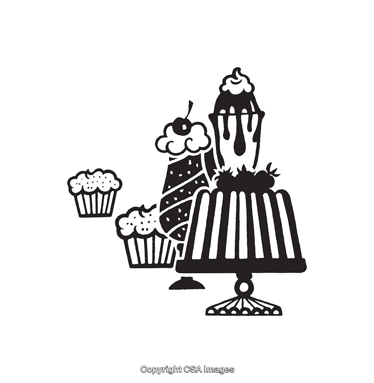 Black and White Line Art Illustrations of Desserts and Cupcakes