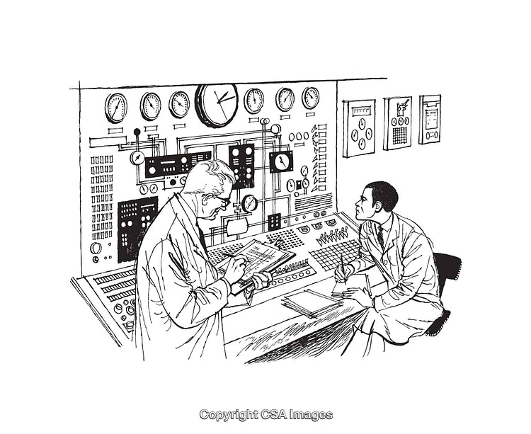 Vintage Line Art of Scientists Working in a Control Room Setting