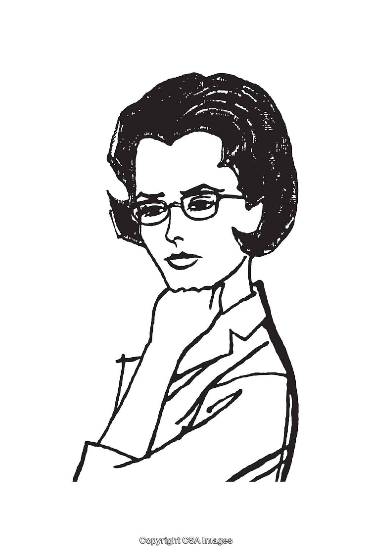 Black and White Line Art of a Thoughtful Woman Wearing Glasses