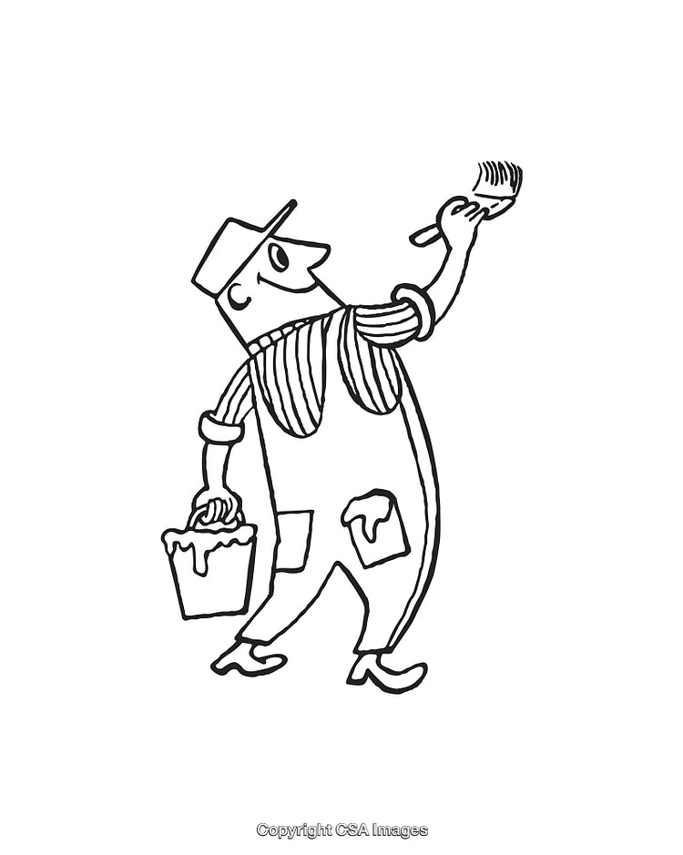 Line Art Illustration of a Painter Character Holding a Brush and Bucket