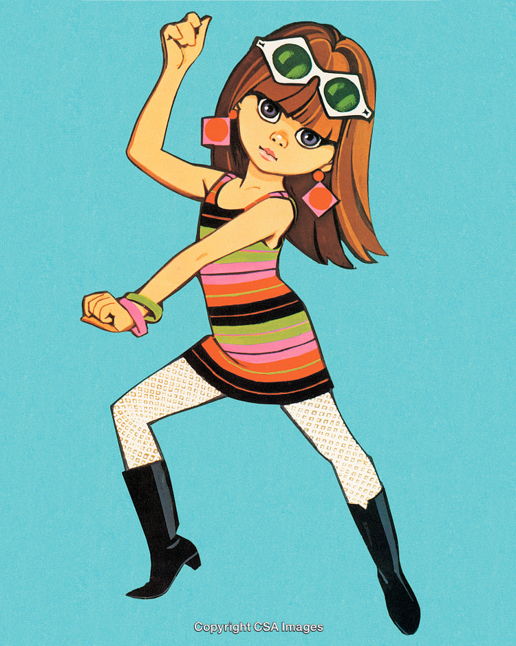 Retro Illustration of a Funky Girl Dancing in Colorful Outfit