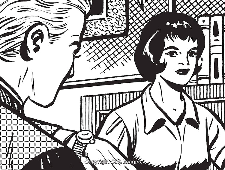 Illustrated Vintage Scene of Two People in a Conversation in an Office Setting
