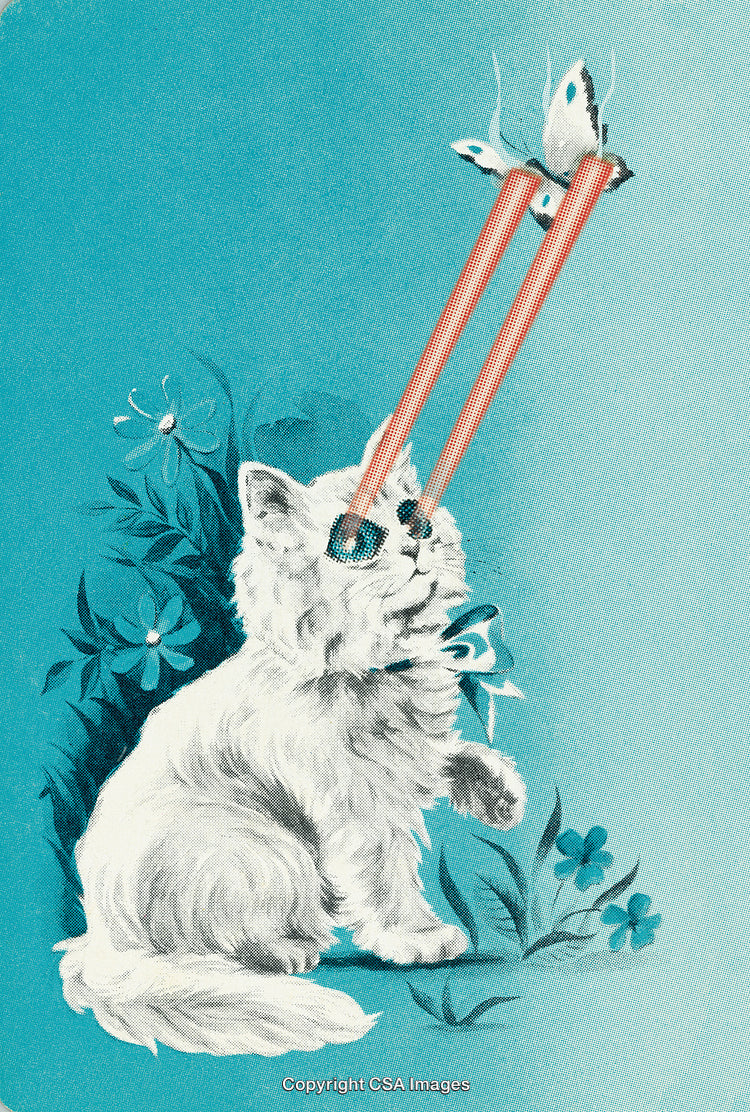 Humorous Illustration of a Cat Shooting Lasers at a Butterfly
