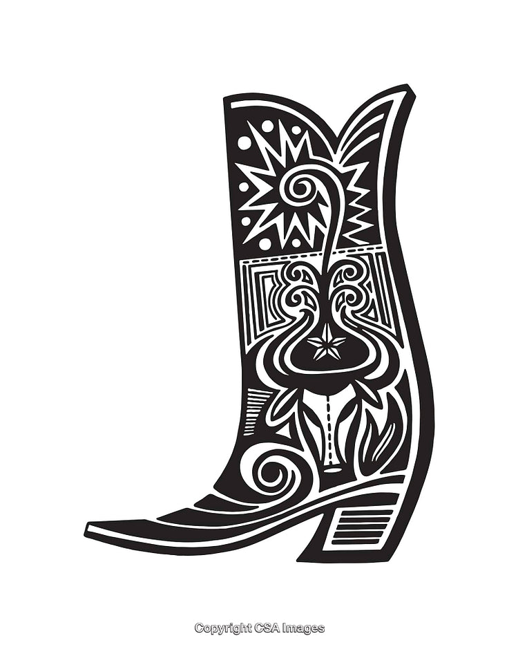 Ornate Western Boot Line Art with Decorative Patterns and Swirls