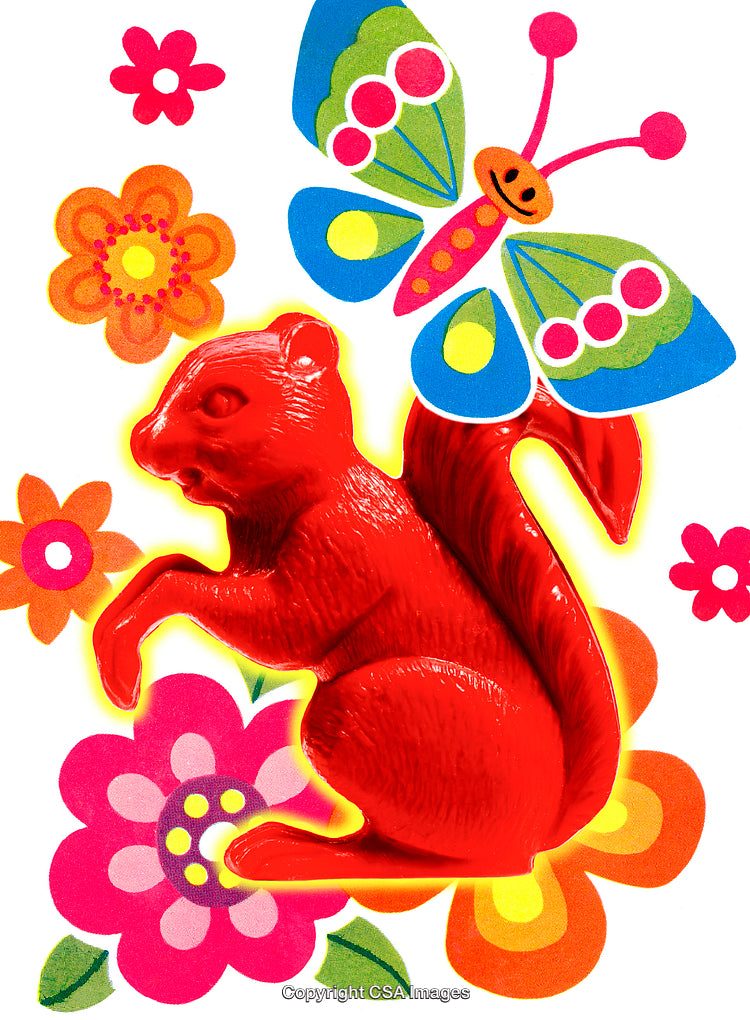 Colorful Plastic Squirrel and Butterfly Scene with Floral Decorations