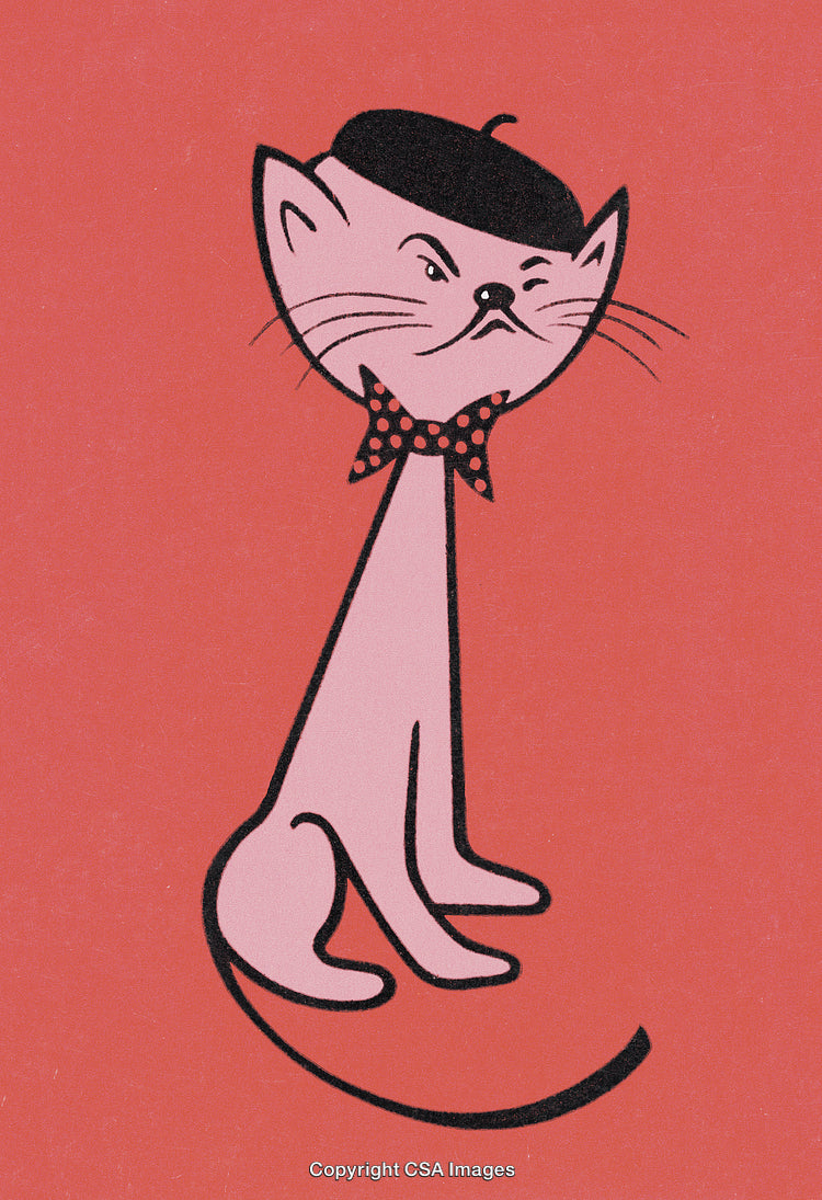 Artistic Illustration of a Cat Wearing a Beret and Bow Tie