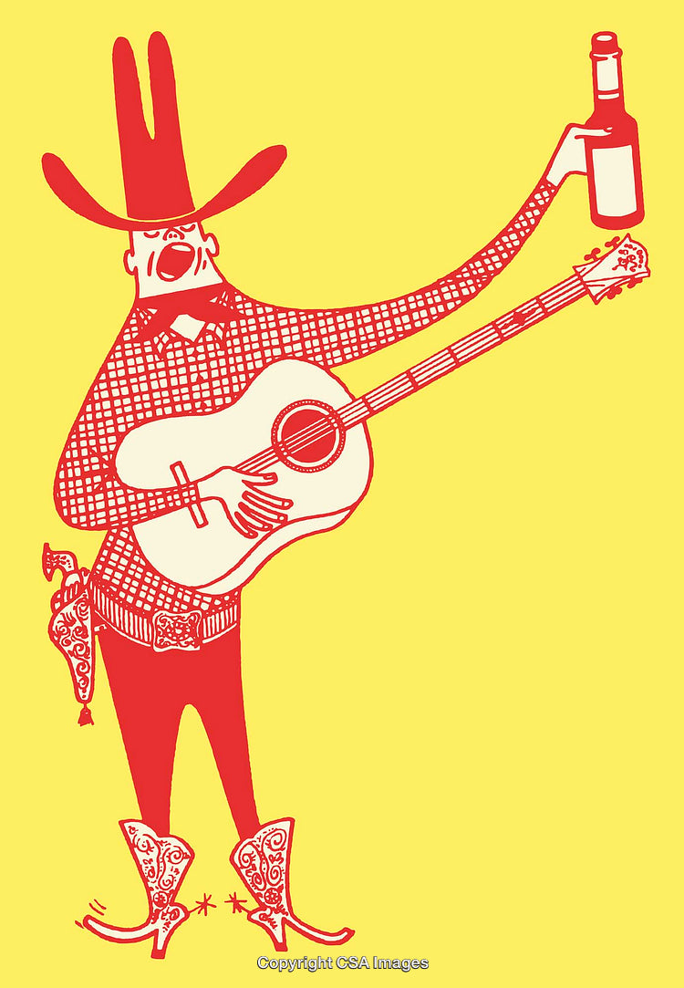 Cowboy Line Art Illustration Playing Guitar with Bottle Illustration
