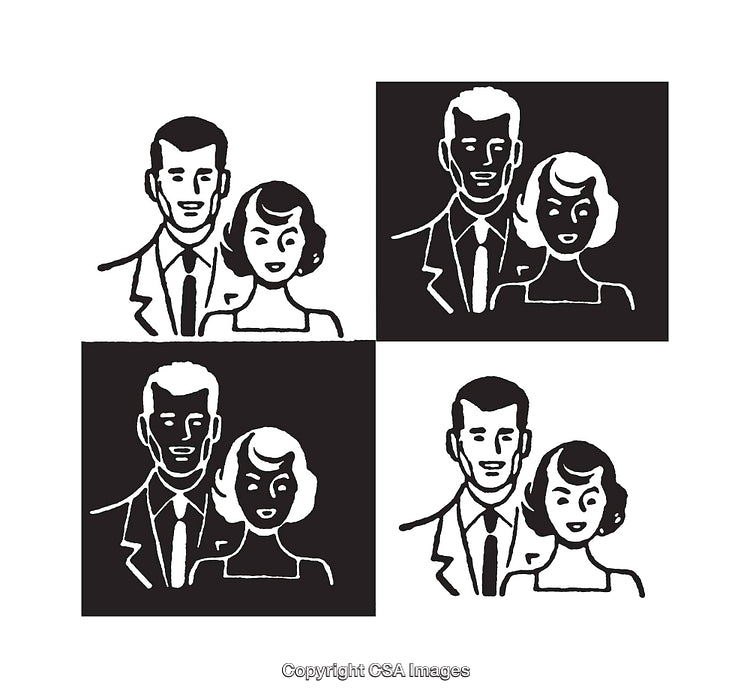 Vintage Black and White Line Art Illustrations of a Smiling Couple