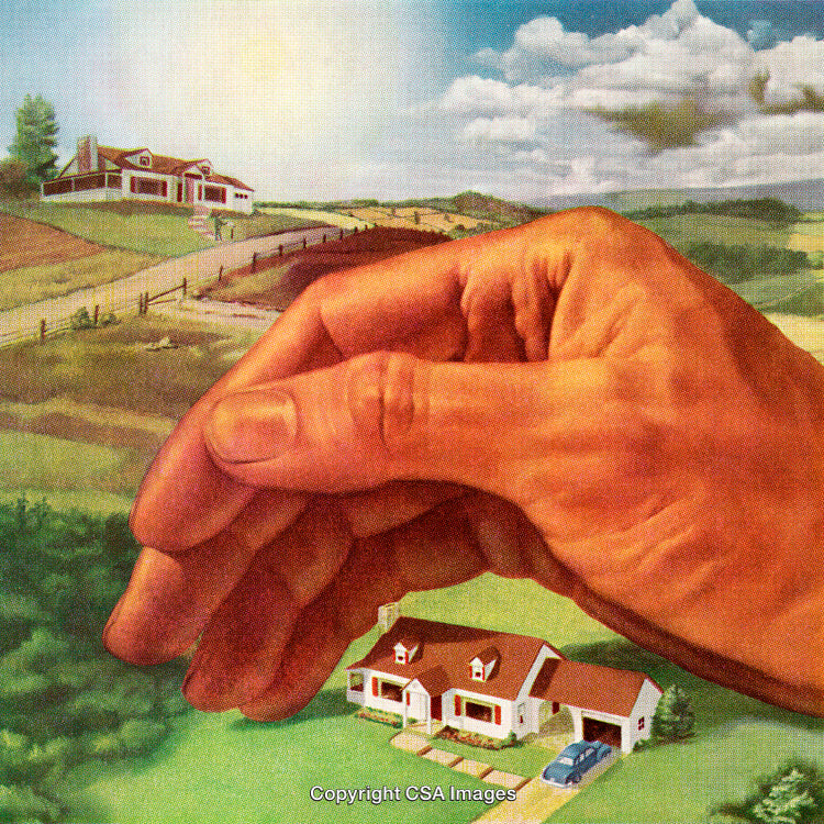 Giant Hand Protecting a Suburban Home in a Countryside Setting
