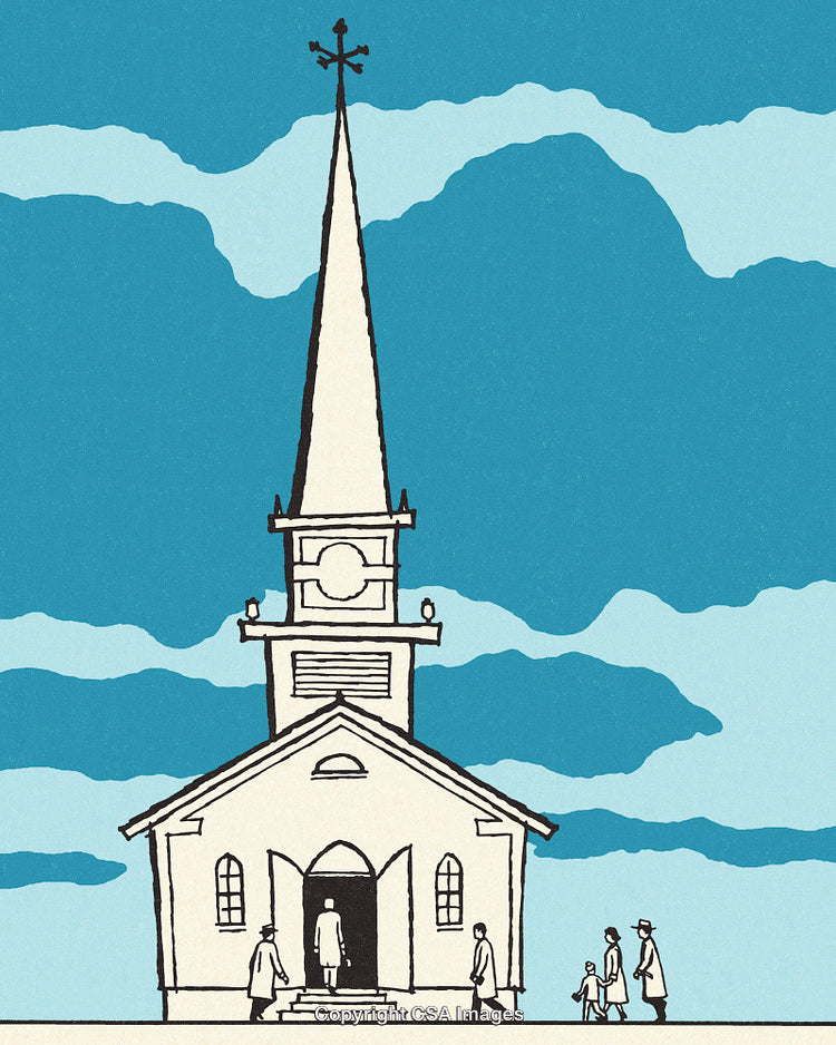 Illustration of a Church with Visitors Against a Blue Cloudy Sky