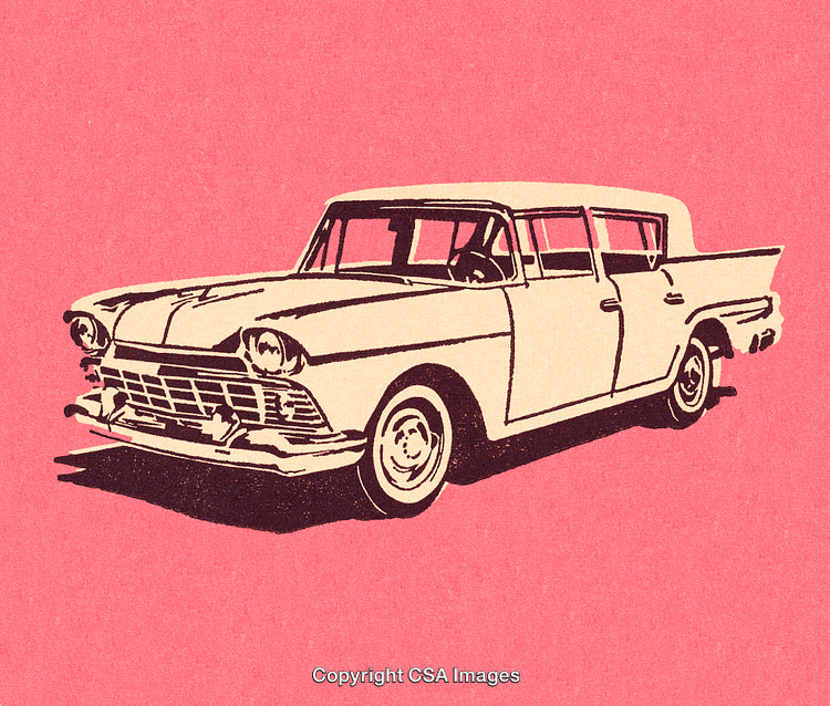 Vintage Illustration of Classic Sedan Car with Retro Aesthetic on Pink Background