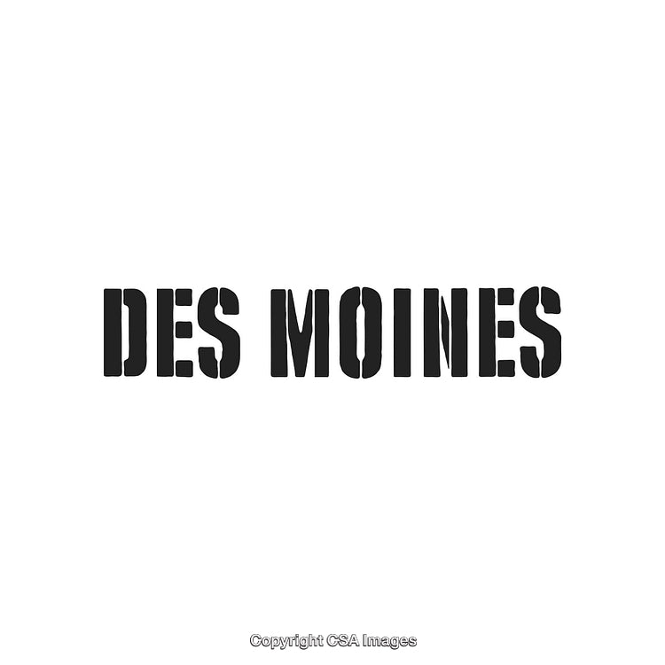 Black Stencil Font Spelling Des Moines on a White Background