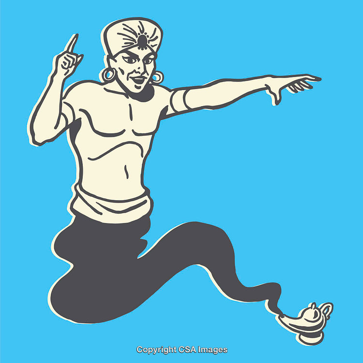 Color Line Art Illustration of a Genie Emerging from a Magic Lamp