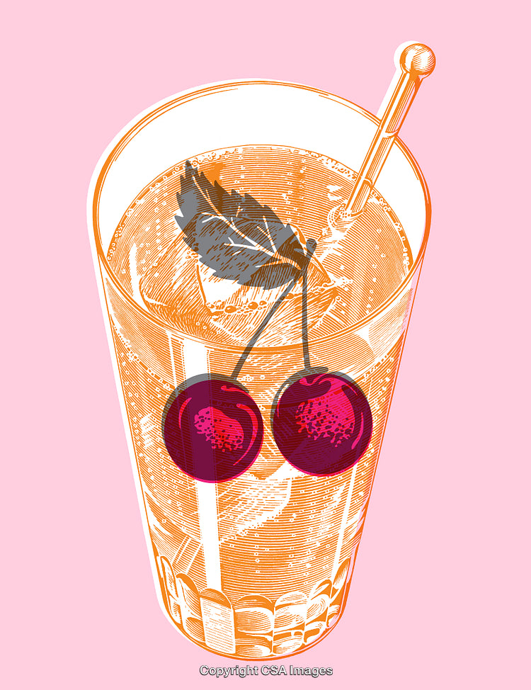 Illustrated Highball Cocktail Glass With Cherries on a Pink Background