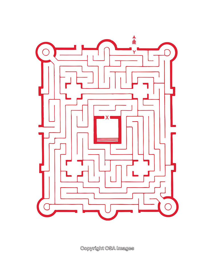 Red and White Maze Diagram Puzzle with Entry and Exit Marks