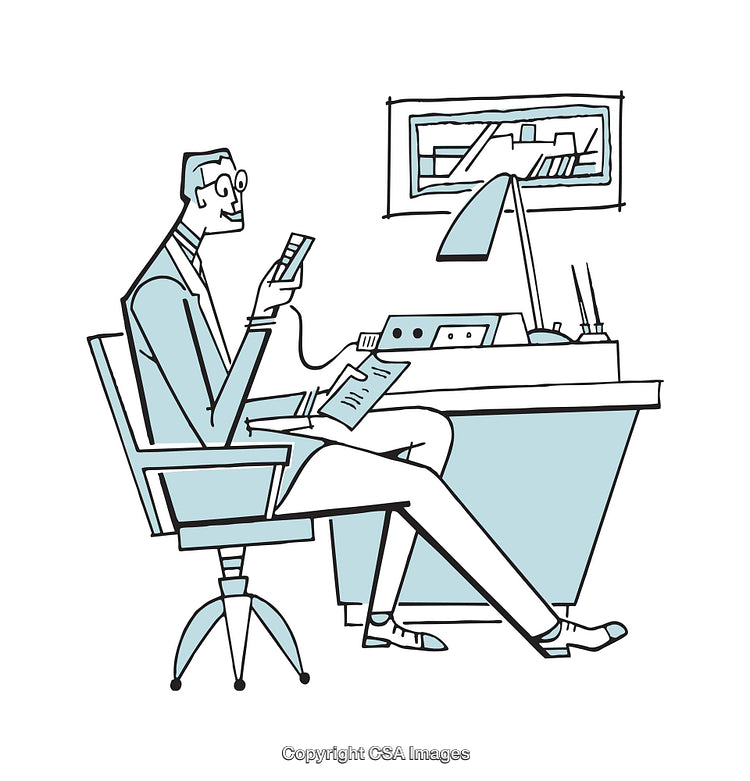 Illustration of a Businessman Working at a Desk in a Modern Office