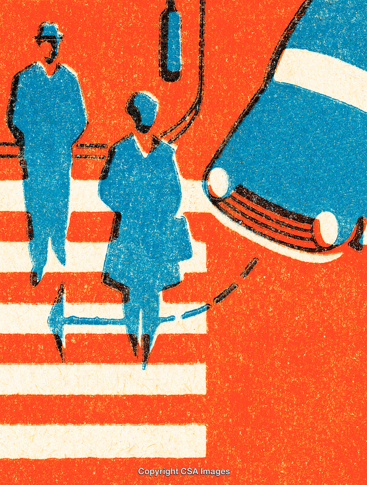 Illustrated Pedestrian and Vehicle Encounter at a Crosswalk in Retro Style