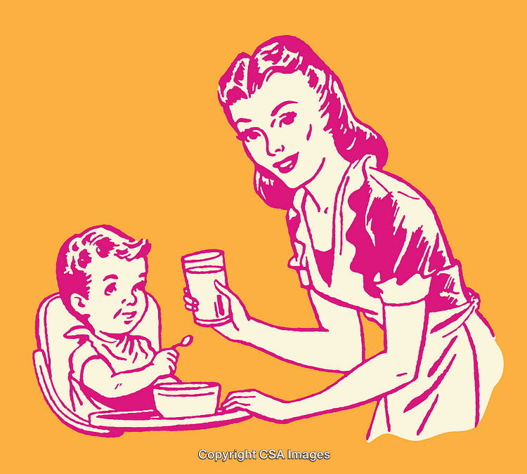 Colorful Retro Illustration of a Mother and Baby During Mealtime